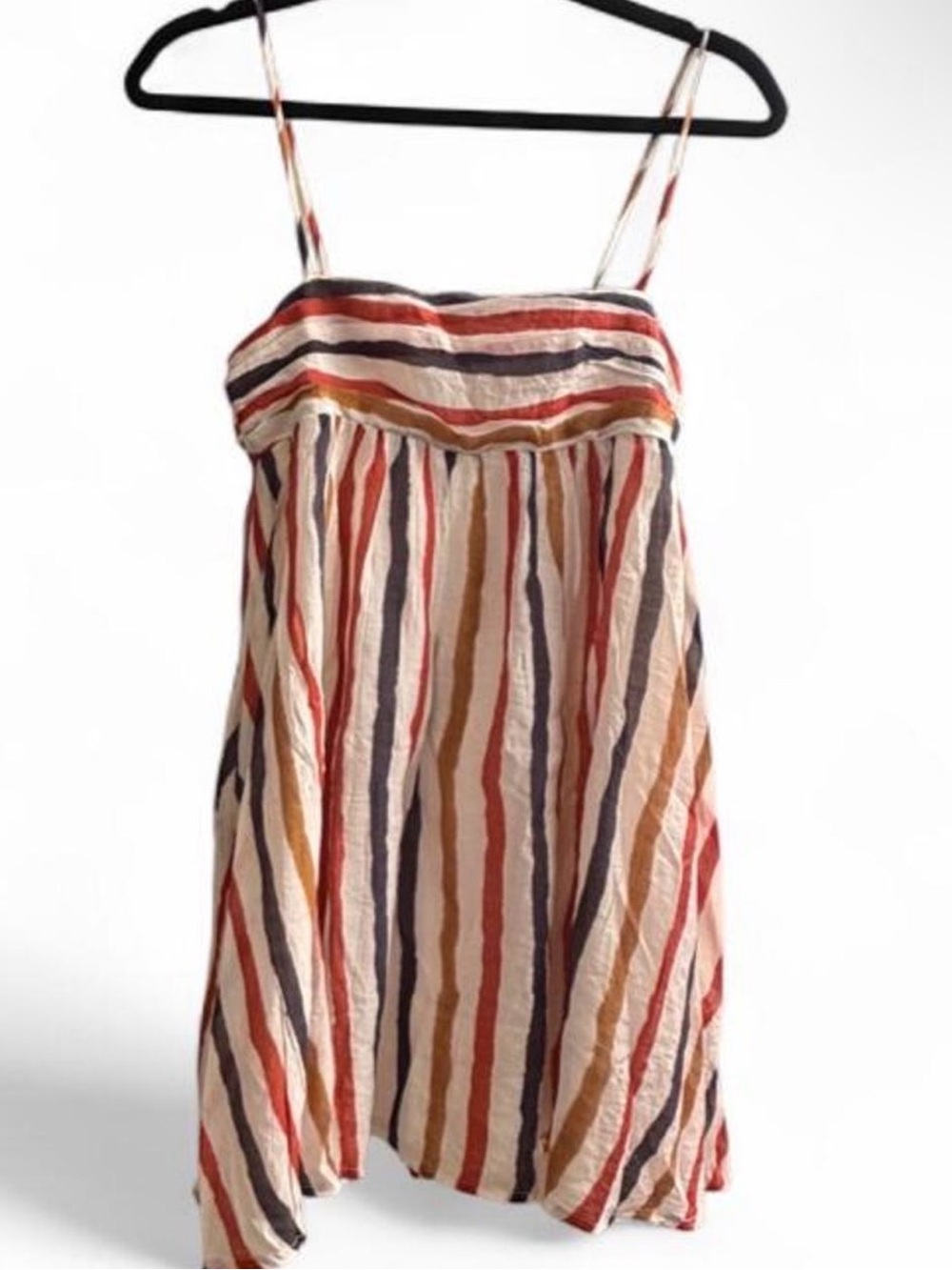 Striped Spaghetti-Strap Summer Dress in Cream, Red, Tan & Blue